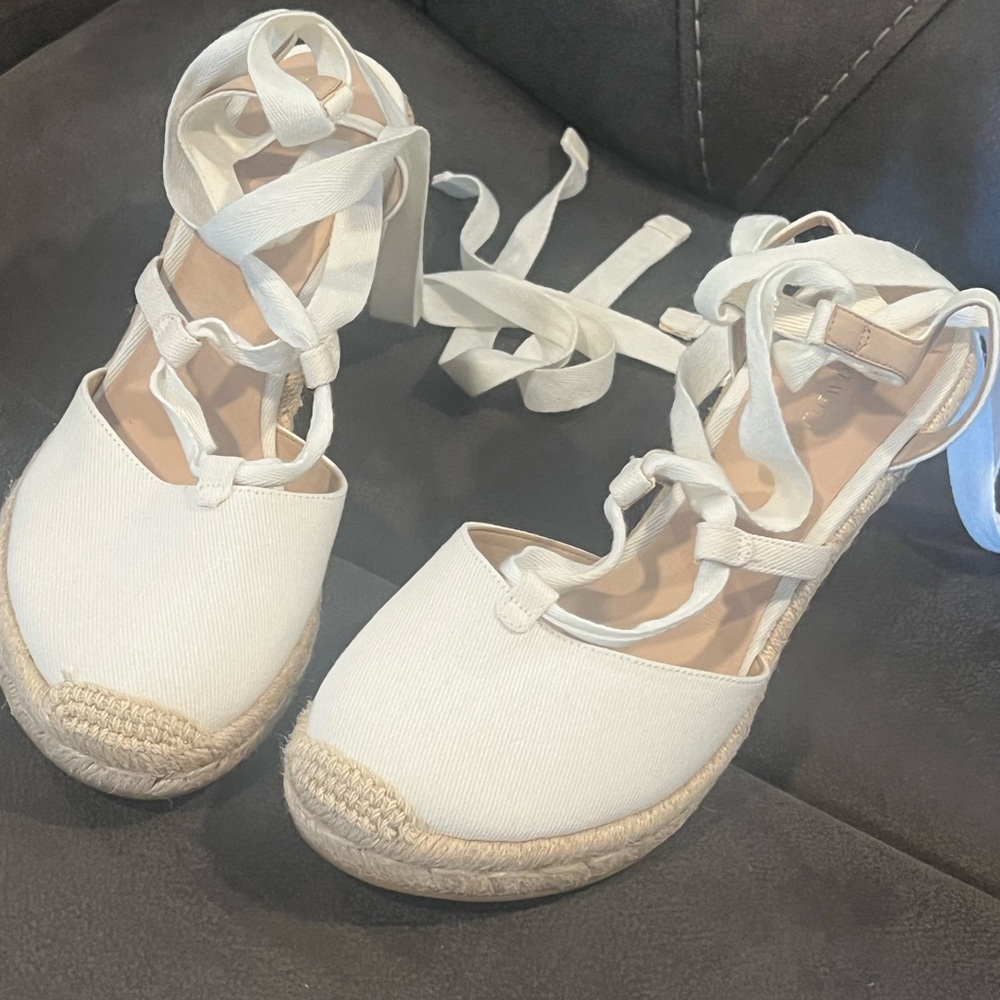 Stuart Weitzman White Lace-Up Espadrille Wedges